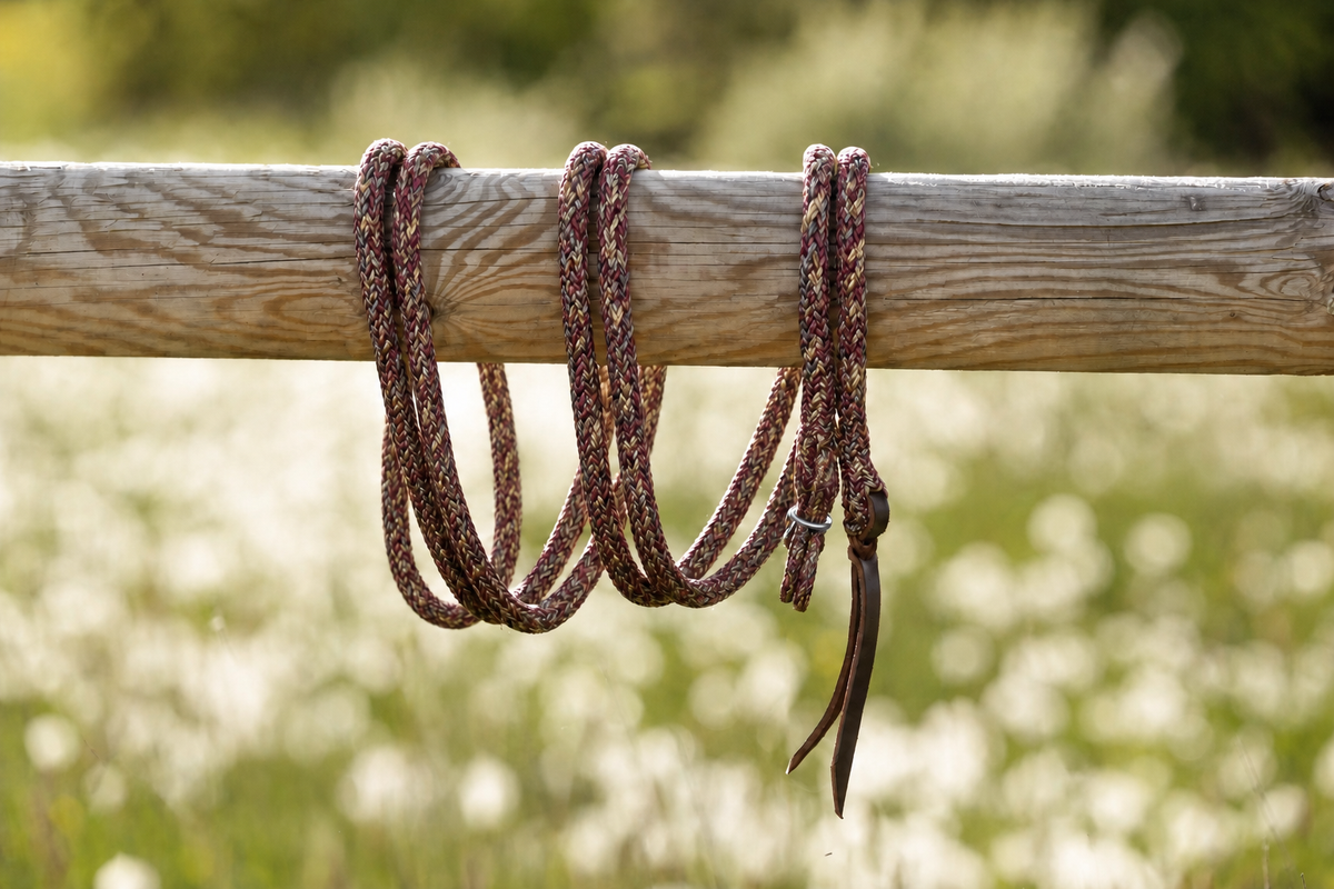 Triberry — Gauchoseil mit silbernen Beschlägen auf Holzbalken
