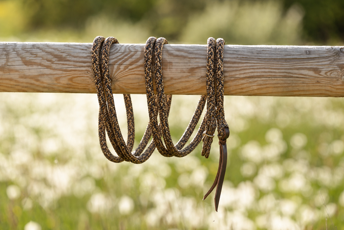 Trinature — Gaucho rope with gold hardware on a wooden beam
